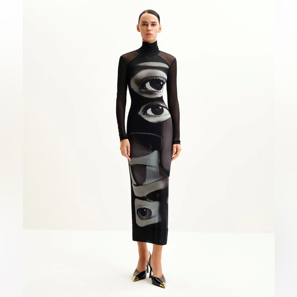 JW Pei Sophia Eye Print Mesh Dress - Black/White